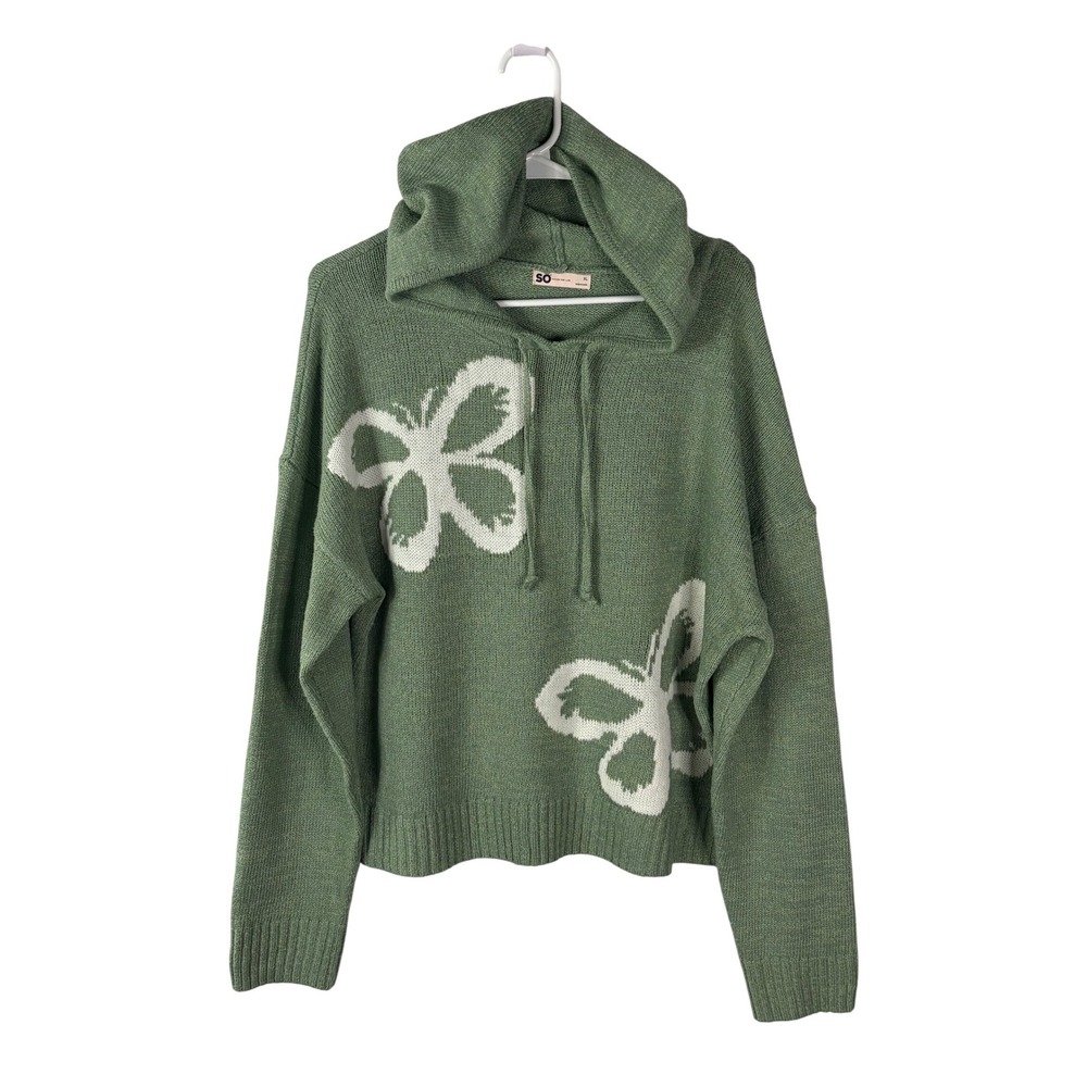 SO Sage Green Butterfly Knit Womens Hoodie Sweater XL Drop‎ Shoulder Pullover